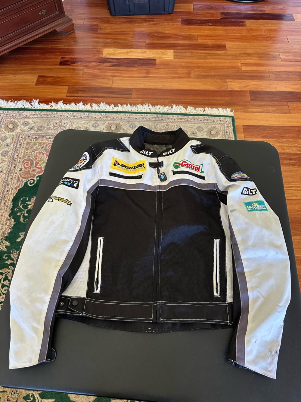 BILT Motorcycle Jacket Mens White Black Armored Biker Racing Sponsor Patches XL
